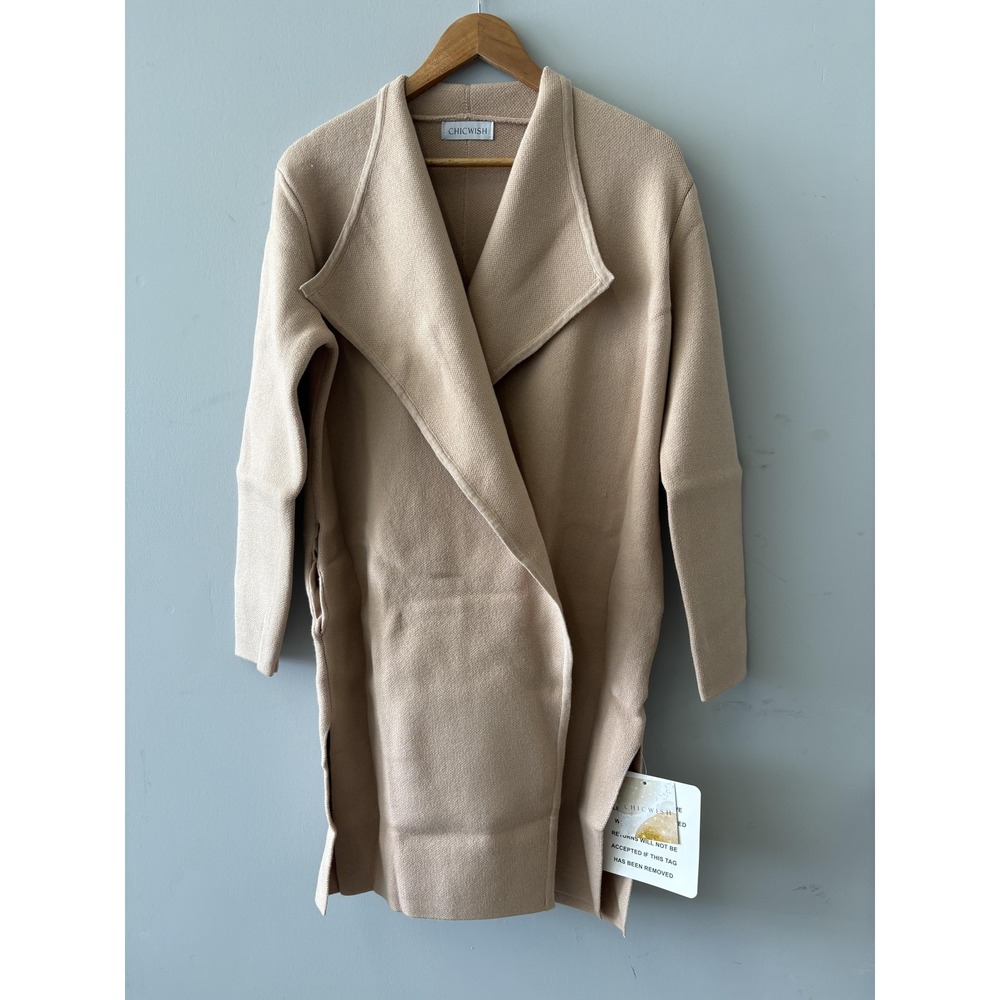 Chicwish Coatigan Womens M/L Beige Knit Open Front Mid Length Pockets Cardigan